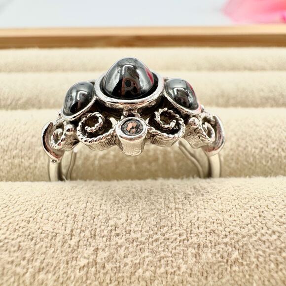 Vintage Avon Midnight Splendor Faux? Hematite Ring Crystals Opulent Ornate 1972 - Picture 5 of 15